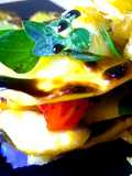 Millefoglie di baccalà, patate e pomodorini arrostiti