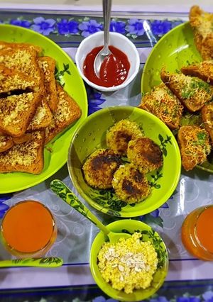 A picture of Masala toast, garlic cheese toast,poha cutlet and egg halwa.