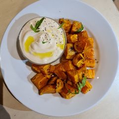 Airfryer sweet potato with cream cheese dip A picture of Airfryer sweet potato with cream cheese dip.