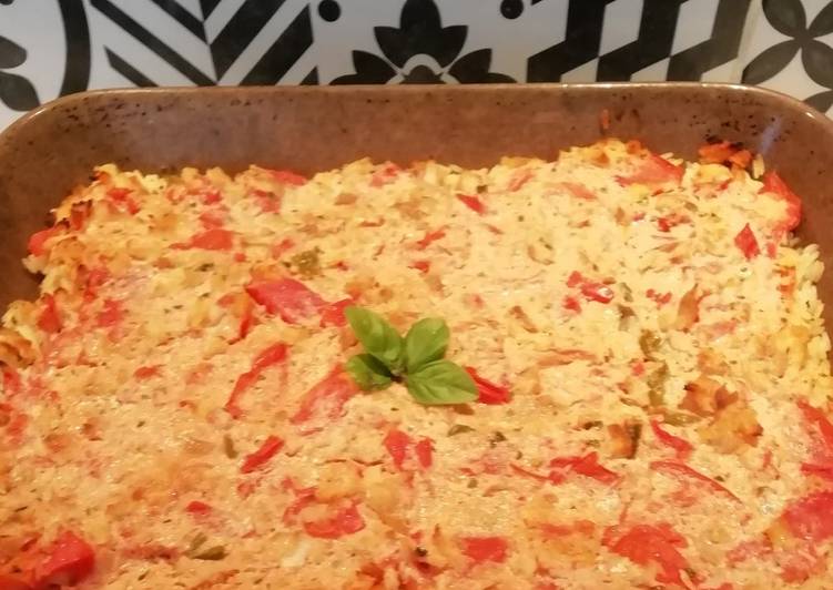 Recette: Gratin de colin, tomates et basilic sur lit de riz