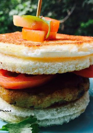 A picture of Alu paneer tikki burger.
