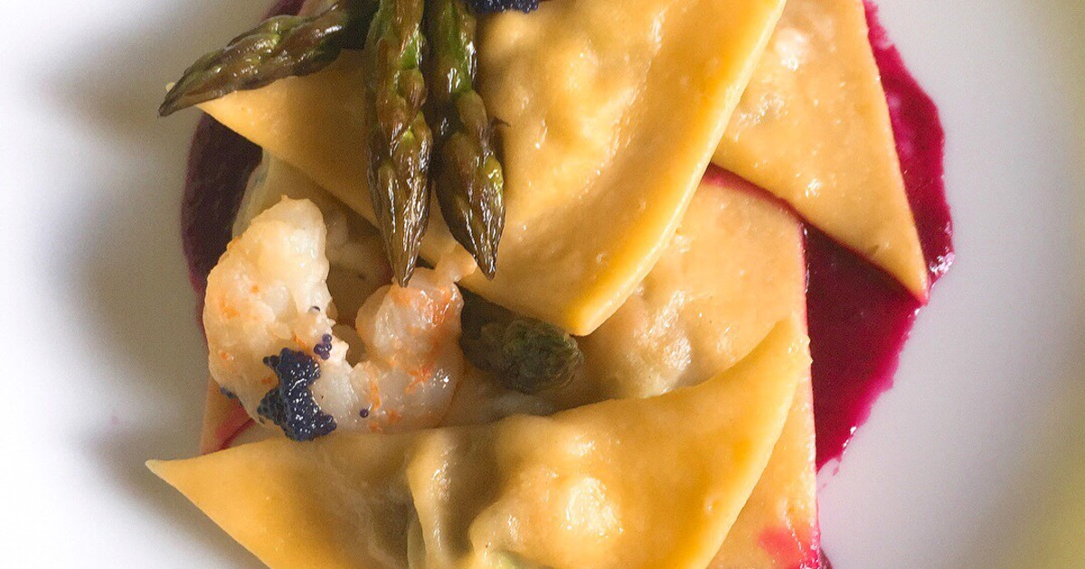 Triangular Ravioli With Shrimp, Asparagus, And Capelin Roe Recipe by Elodia