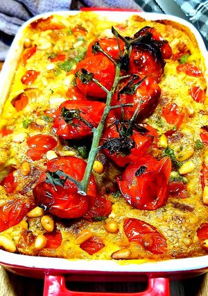 Une photo de Clafoutis de tomates cerise, mozzarella et pesto