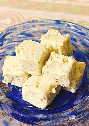 A picture of Vegan herb cheese made from Tofu.