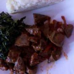 Fried liver raken with ugali A picture of Fried liver raken with ugali.