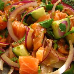 A picture of Spicy Salmon Poke with Crunchy Cucumber.