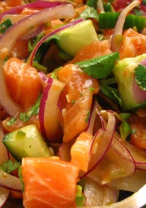 A picture of Spicy Salmon Poke with Crunchy Cucumber.