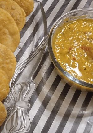 A picture of Kachori with Aloo Tarkari.