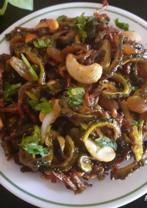 A picture of Bittergourd-Onion Subzi.