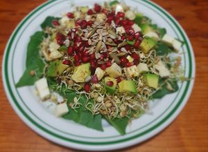 Una foto de Ensalada de germinado de lenteja con granada, aguacate y queso