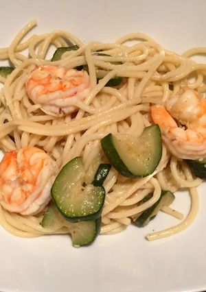 A picture of Prawn and courgette spaghetti.