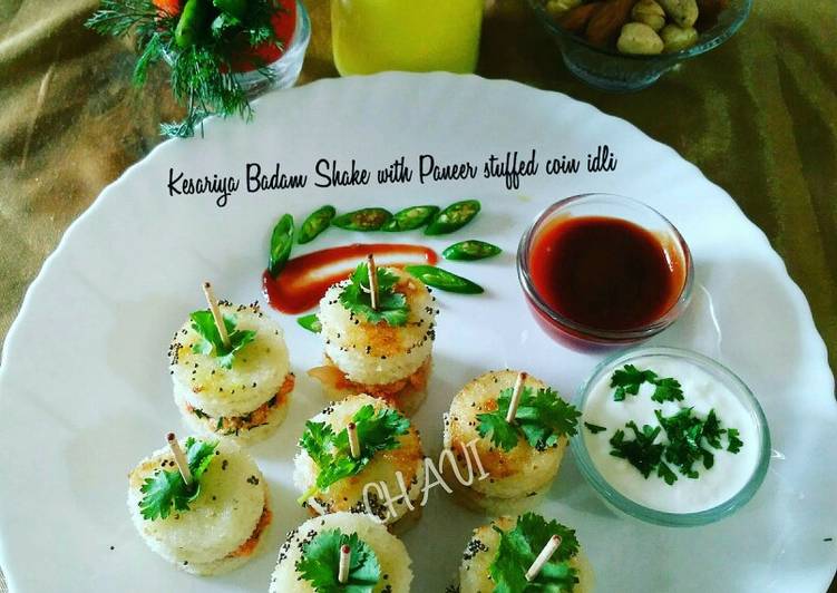 Recipe of Favorite Kesariya Badam Shake with Paneer Stuffed coin idli