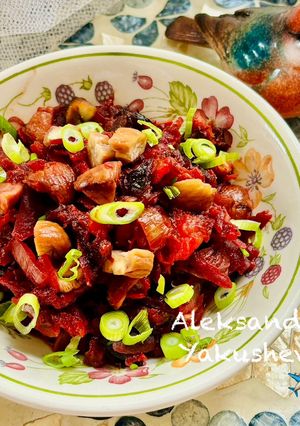 A picture of Warm beet salad with dried plums and chestnuts.