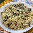 Cheveux d’ange aux fanes de carottes, lard fumé et pecorino
