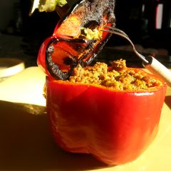 A picture of Roasted Bell Pepper stuffed with Spicy Beef.