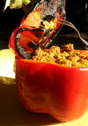 A picture of Roasted Bell Pepper stuffed with Spicy Beef.