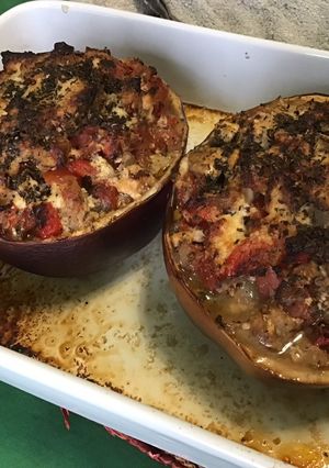 Une photo de Aubergine violette italienne farcie thon tomates poivron