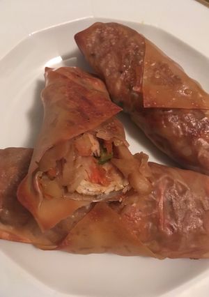 A picture of Baked chicken egg rolls.