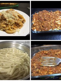Una foto de Fideos, tallarines sin gluten, con salsa roja y con carne mixta