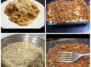 Una foto de Fideos, tallarines sin gluten, con salsa roja y con carne mixta