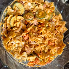 A picture of Sundried tomato pesto and pasta salad.