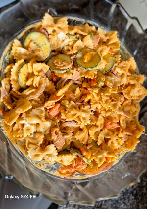 A picture of Sundried tomato pesto and pasta salad.