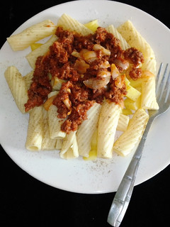 A picture of Macaroni, potota and minced meat.