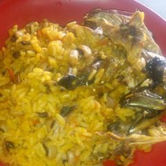 Palm oil jollof rice and beans A picture of Palm oil jollof rice and beans.
