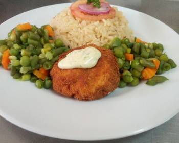 Fast Cooking Methods Fish fillet in breadcrumbsbraised rice and mixed vegetables Most Delicious