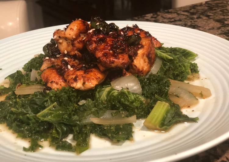 Easiest Way to Make Super Quick Homemade Honey Garlic Ginger Chicken with Sautéed Kale