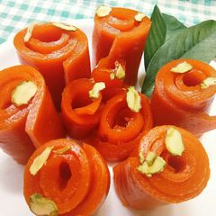 Dried Mango Pulp Rolls (Aamba Poli Rolls) A picture of Dried Mango Pulp Rolls (Aamba Poli Rolls).