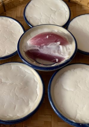 A picture of Purple Sweet Potato Coconut Pudding Cups (Khanom Tuay Man Muang).