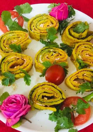 A picture of Moong Dal Cheela Pinwheels.
