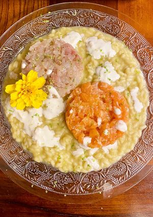 Foto di Risotto con crema di lime e avocado, tartare di branzino e salmone, burrata