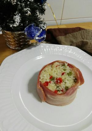Una foto de Arroz frito con pimientos y bacon