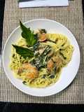 Espaguetis a la Florentina con champiñones y Langostinos