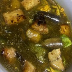 A picture of Sword fish with vegetable.