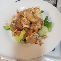 A picture of Chicken breast on a bed of sauted apples and onions.