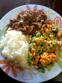 Una foto de Carne desmechada (desmenuzada, ropa vieja), ensalada y arroz