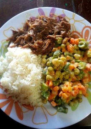 Una foto de Carne desmechada (desmenuzada, ropa vieja), ensalada y arroz