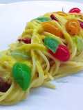 Spaghetti with Bell Pepper Cream and Multicolored Cherry Tomatoes