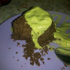 A picture of Smoked Superfood Cake with Avocado and Walnut Custard.