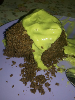 A picture of Smoked Superfood Cake with Avocado and Walnut Custard.