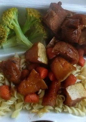 A picture of Stew pork with pumpkin n carrot.