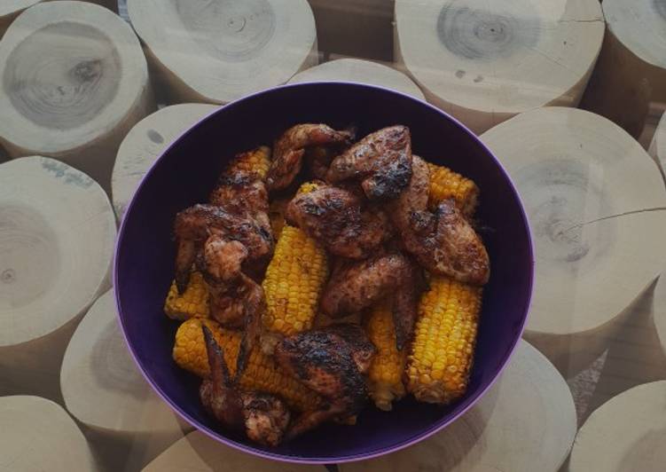 Braaied wings and sweetcorn