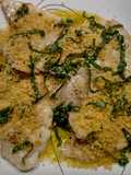 Pan-fried sole with lemon, basil and garlic crumb
