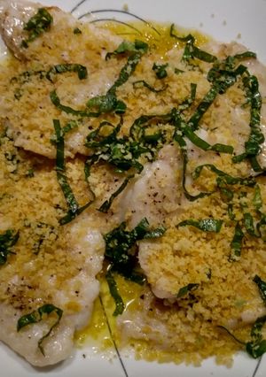 A picture of Pan-fried sole with lemon, basil and garlic crumb.