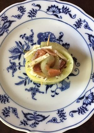 A picture of California Farm Cured Salmon Cucumber Cheese Rolls.
