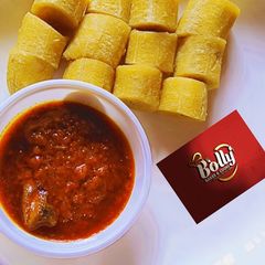A picture of Boiled Plantain and fish sauce.