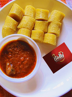 A picture of Boiled Plantain and fish sauce.
